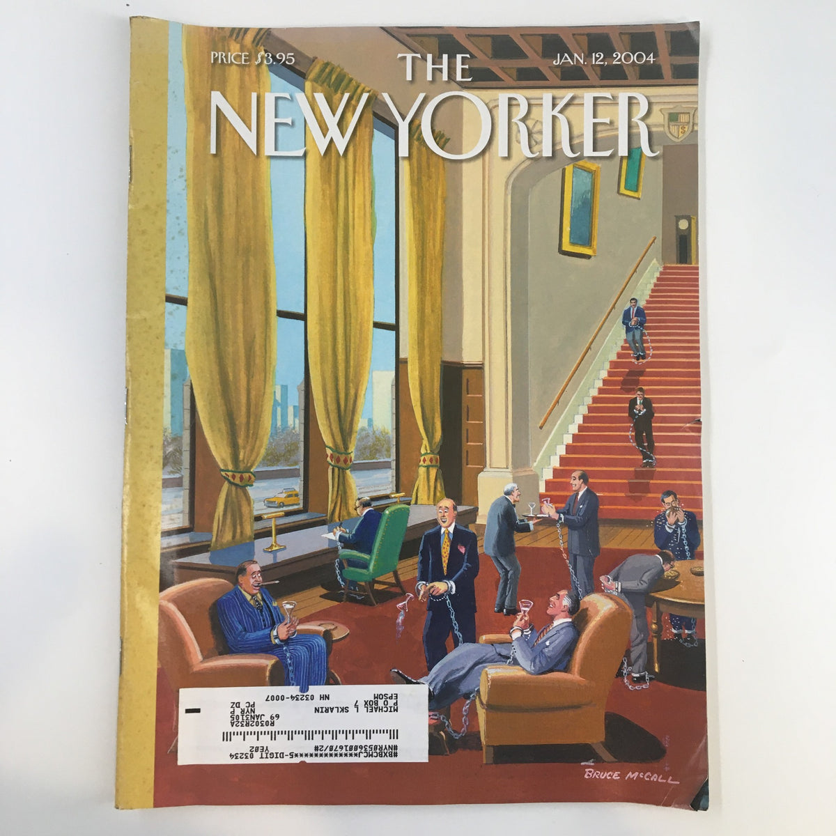 Cover of The New Yorker magazine from January 12, 2004, featuring artwork by Bruce McCall, depicting a social gathering in an elegant setting with rich colors and detailed characters. This issue is titled 'Lifestyles of The Rich & Felonious'.