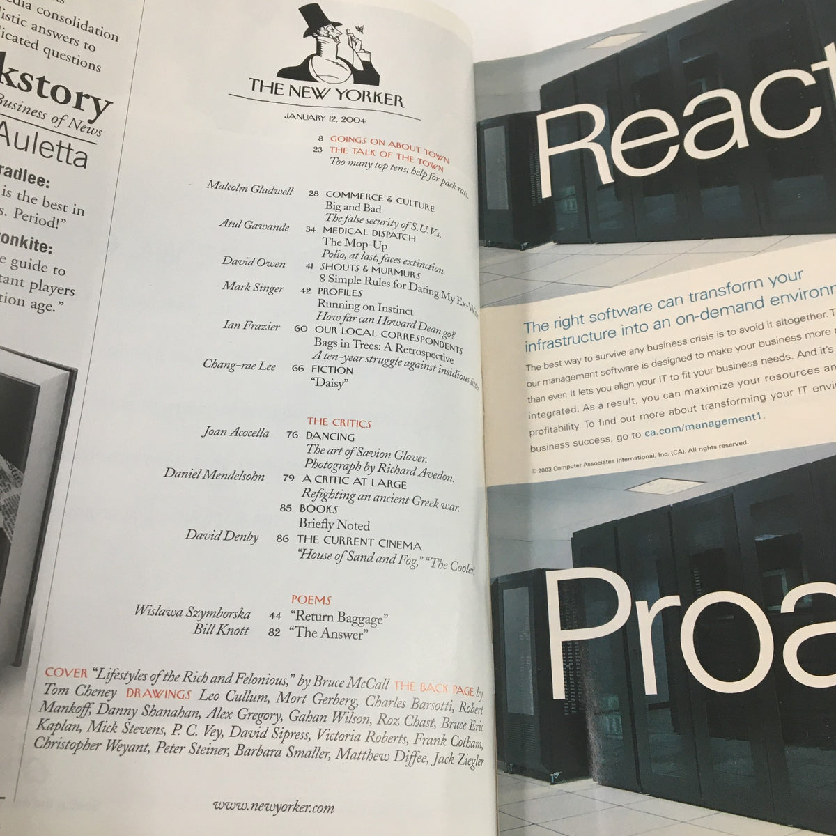 Inside page from The New Yorker Full Magazine January 12 2004, titled 'Lifestyles of The Rich & Felonious', featuring a table of contents including articles, poems, and illustrations that encapsulate early 2000s culture.