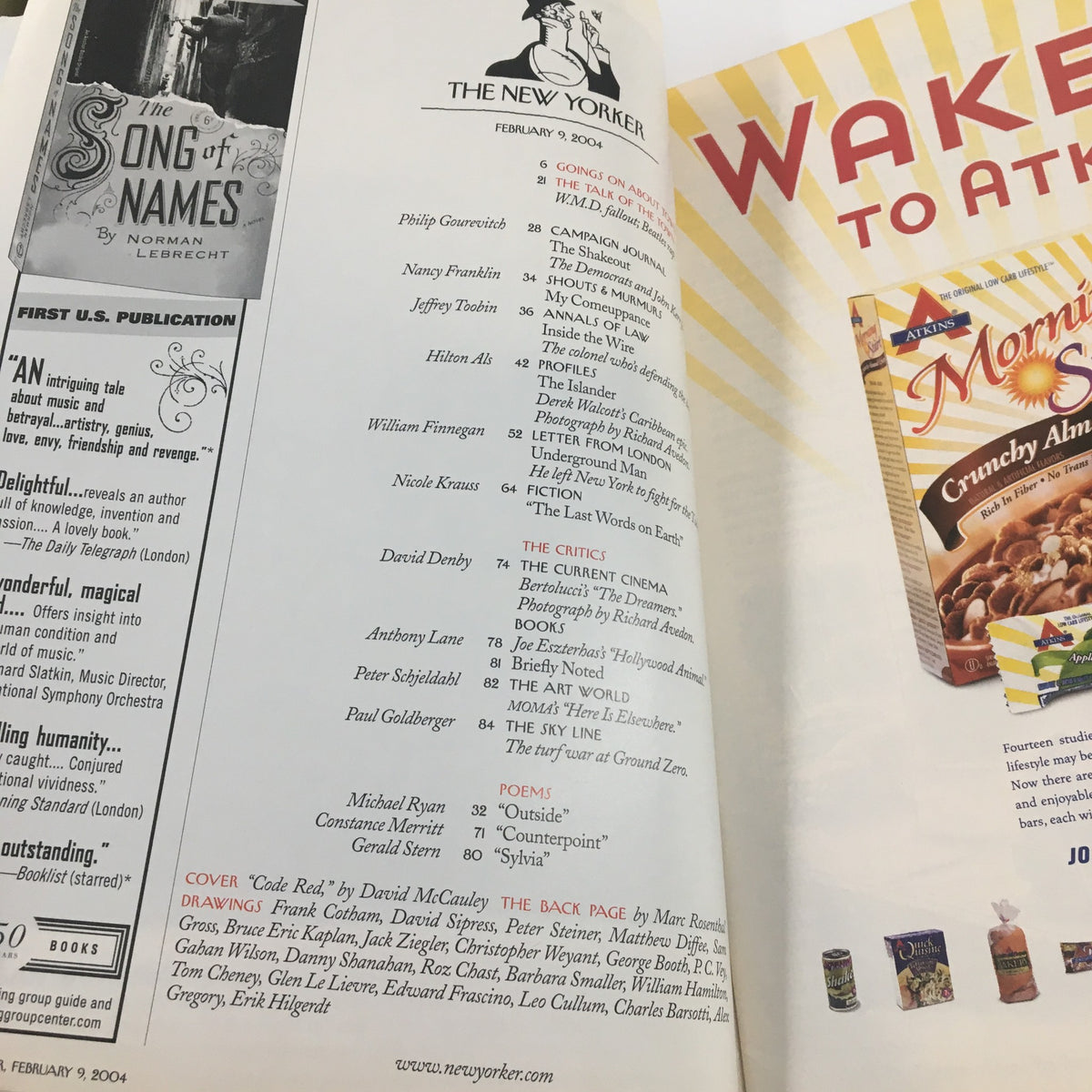 Interior page from The New Yorker Full Magazine February 9 2004 featuring the table of contents and cover details including 'Code Red' by David McCauley.
