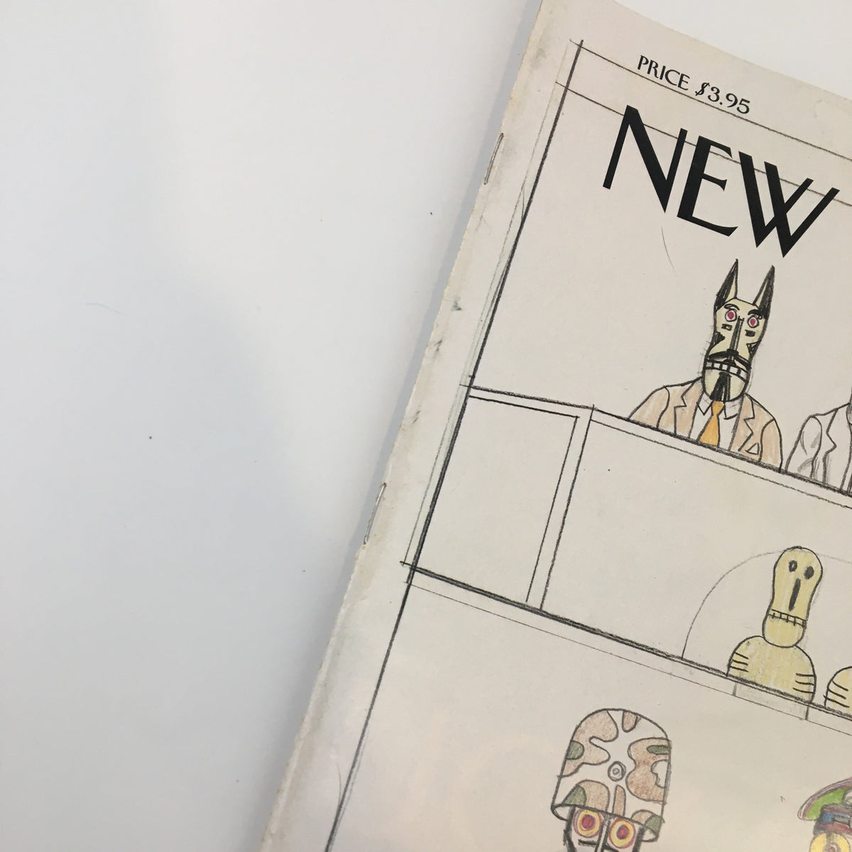 Side view of The New Yorker Full Magazine March 8, 2004 exhibiting the cover design titled 'Gospel Truths' by Saul Steinberg with visible wear and a price tag.
