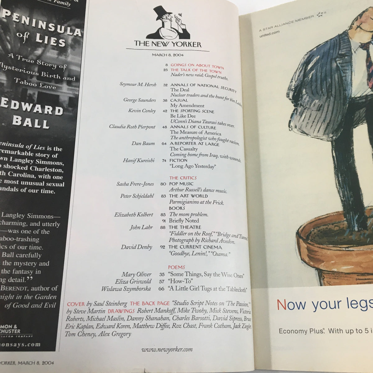Contents page of The New Yorker Full Magazine March 8 2004, listing articles and contributors, reflecting the magazine's mix of culture and literature.