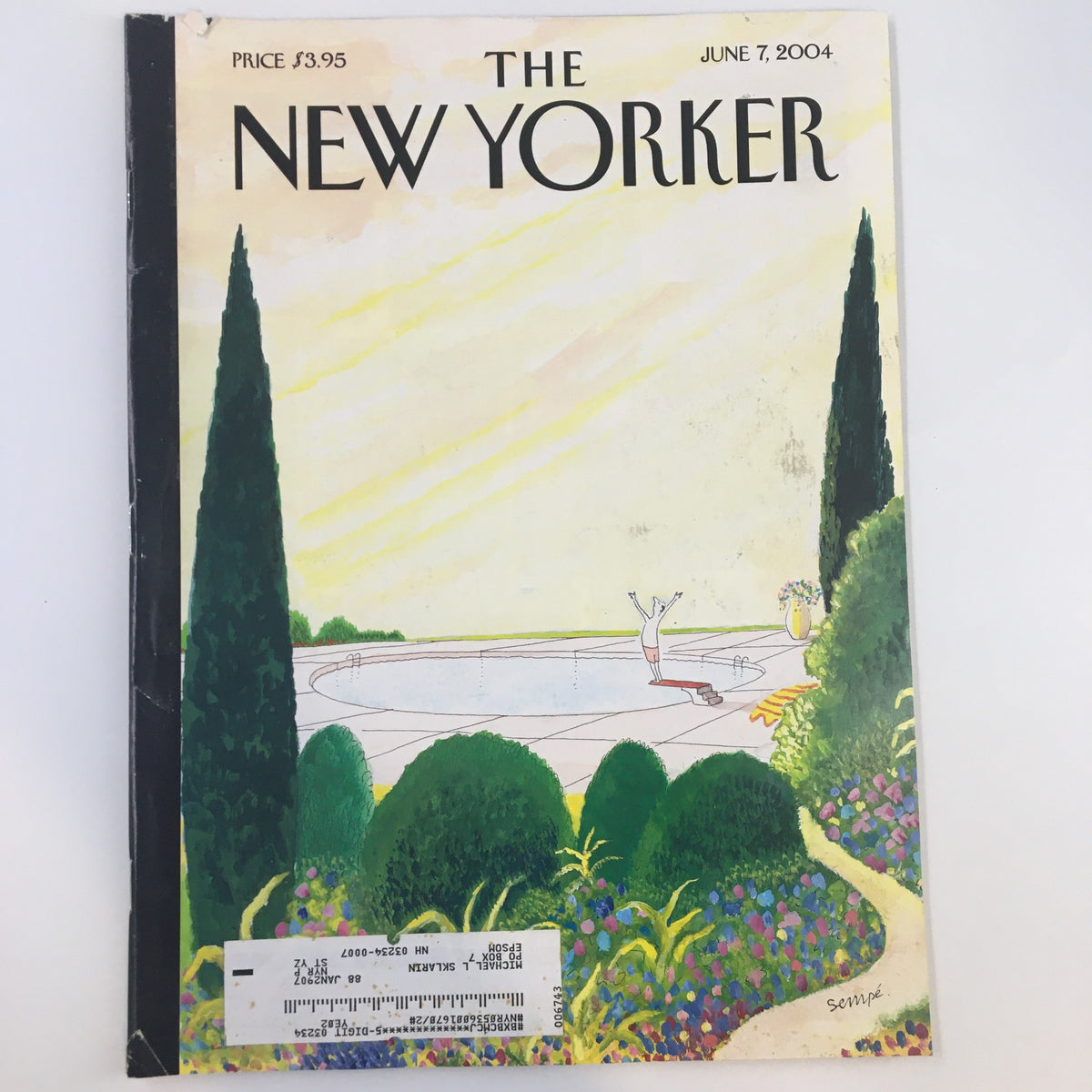 Cover of The New Yorker magazine, June 7, 2004, featuring the artwork 'Dawn of a New Day' by Jean Jacques Sempe. The illustration showcases a serene landscape with lush gardens and a tranquil atmosphere.