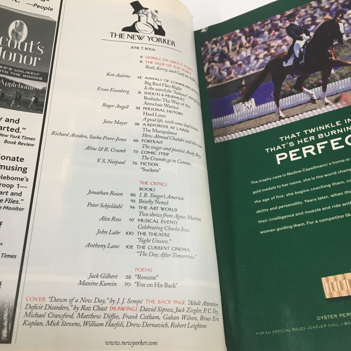 Inside page of The New Yorker magazine, June 7, 2004, displaying the table of contents and editorial features.