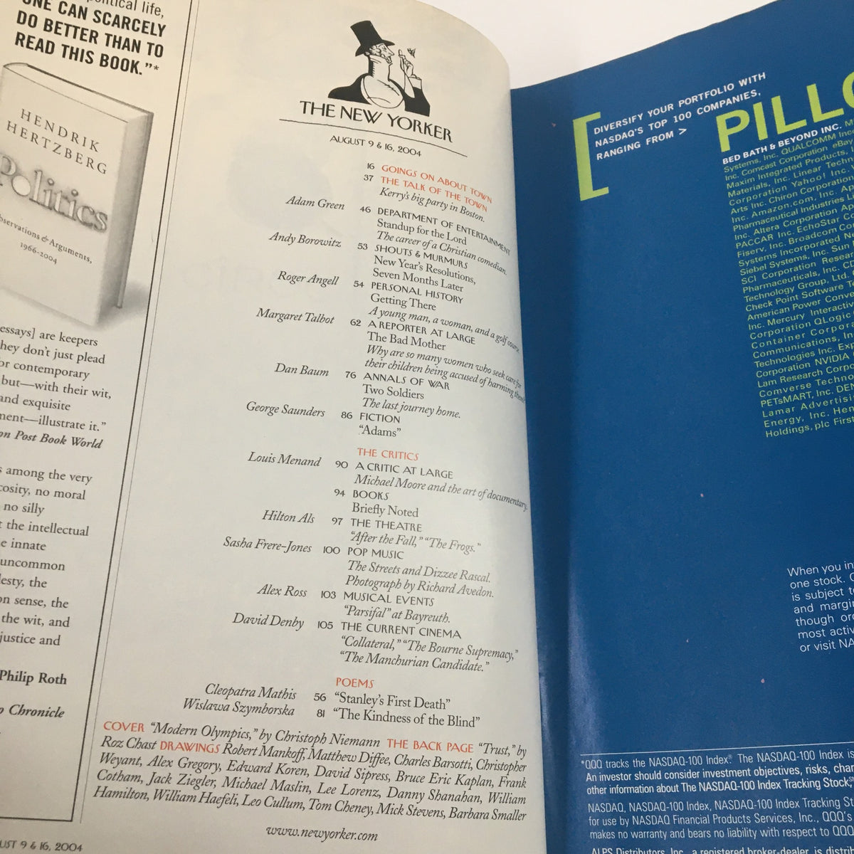 Interior page of The New Yorker Full Magazine August 9, 2004 featuring editorial content and contributors, showcasing articles relevant to the Modern Olympics.