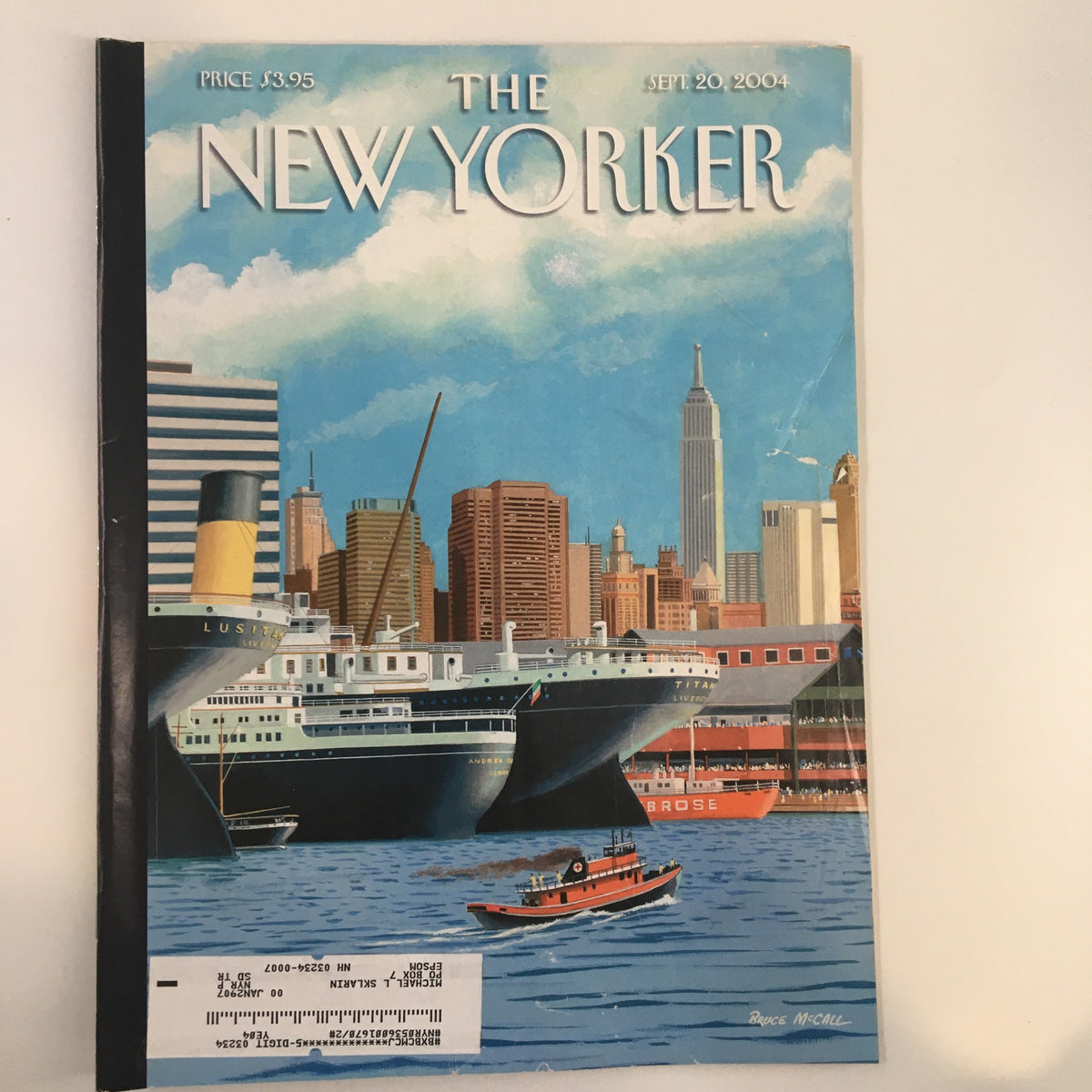Cover of The New Yorker Full Magazine from September 20, 2004 featuring the illustration 'Ghost Ships' by Bruce McCall, showcasing a vibrant city skyline and ships in the harbor.