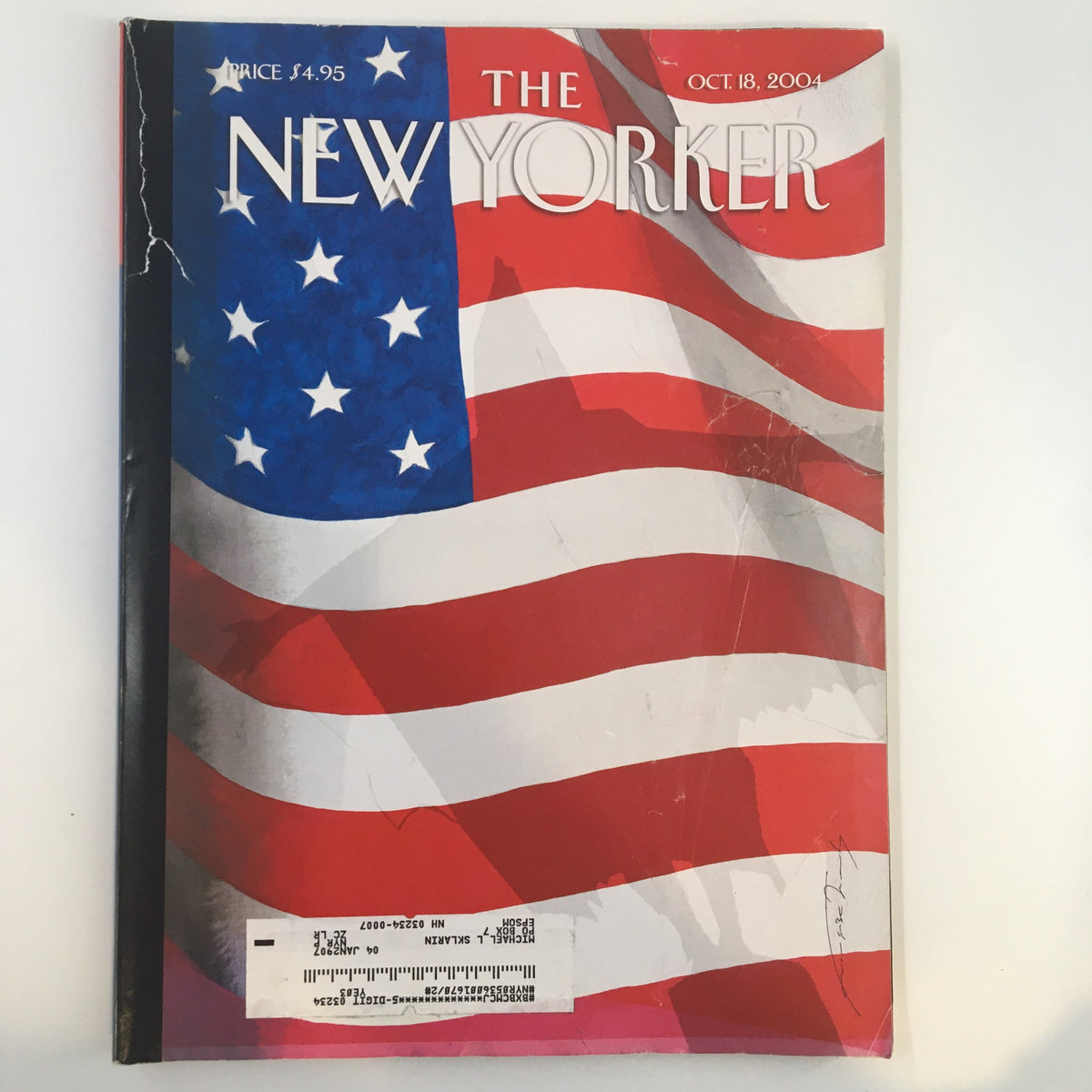 The New Yorker Full Magazine Cover from October 18, 2004 featuring a bold American flag design, capturing the theme 'A Shadow Over Election' by F. Mouly.