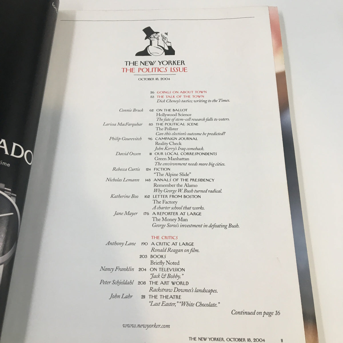Contents page of The New Yorker Full Magazine October 18 2004, featuring the table of contents highlighting various articles and contributing writers relevant to the political issue of the era.