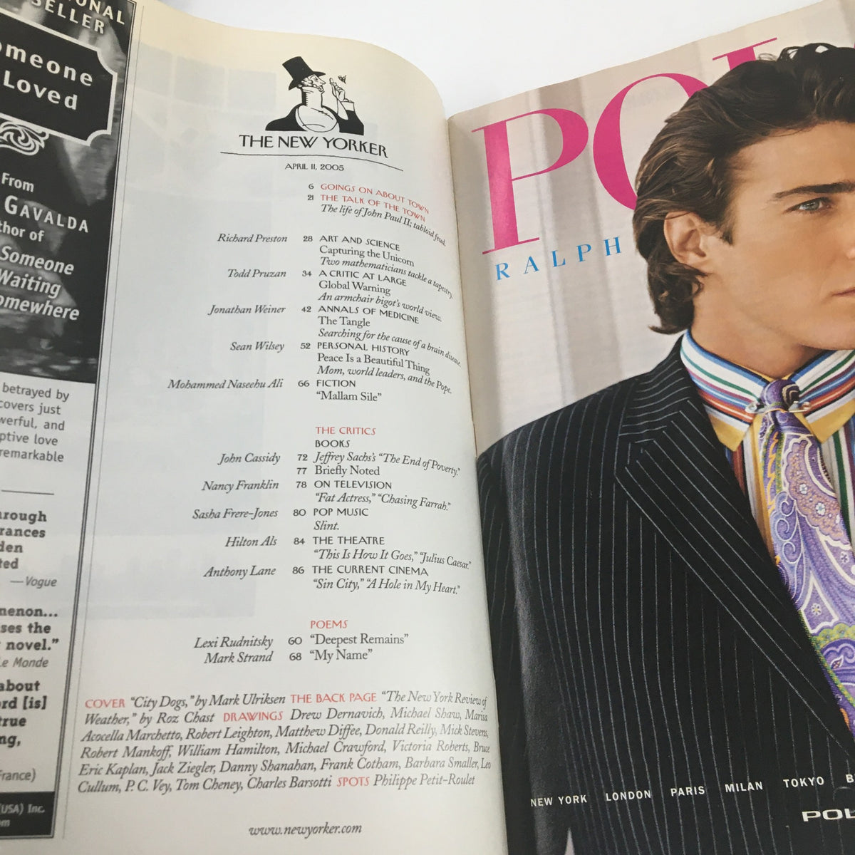 Interior page of The New Yorker magazine, April 11, 2005, showcasing contents including an article list and notable features.