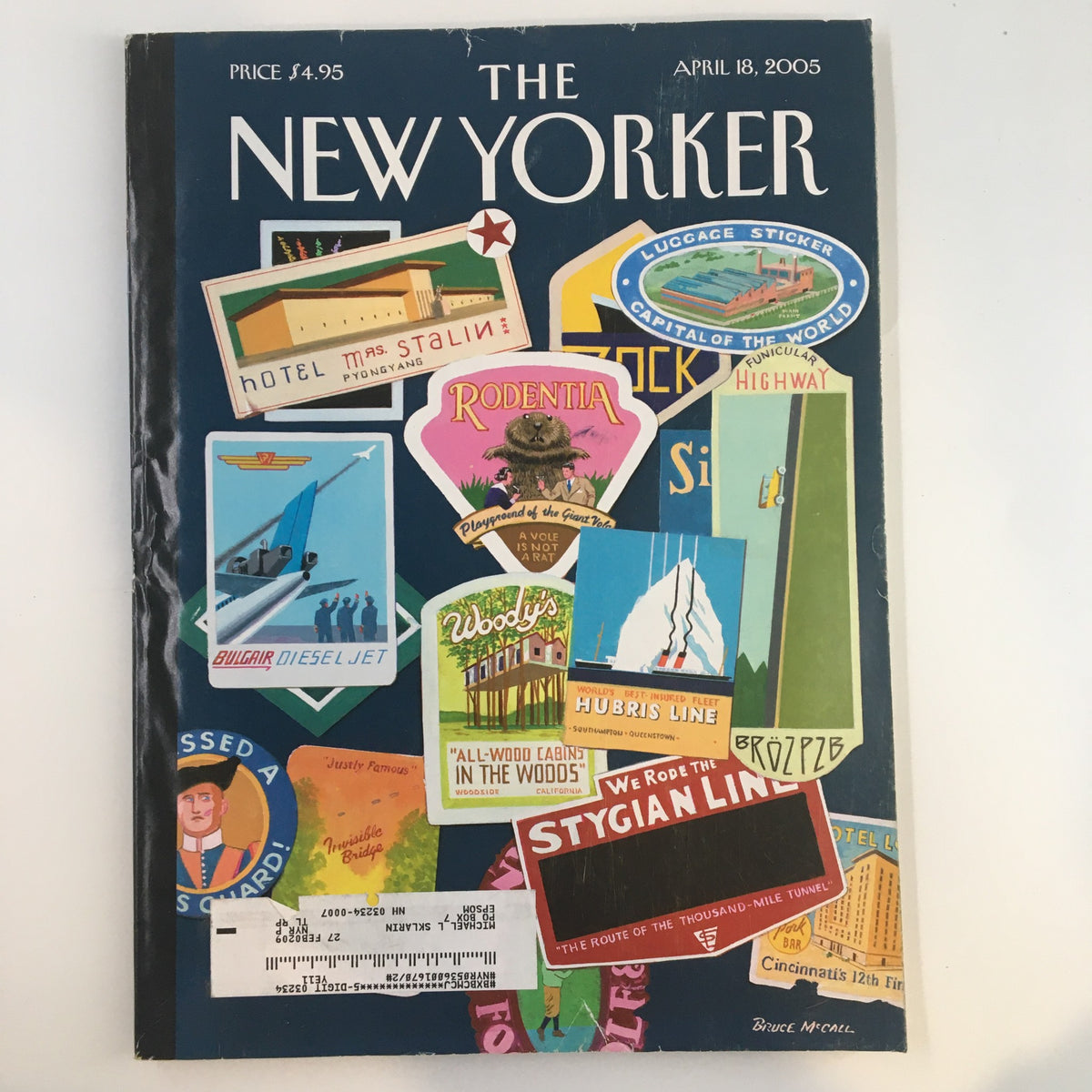 The New Yorker Full Magazine April 18, 2005 cover featuring colorful travel stickers and illustrations, highlighting the Joys of Travel by Bruce McCall.