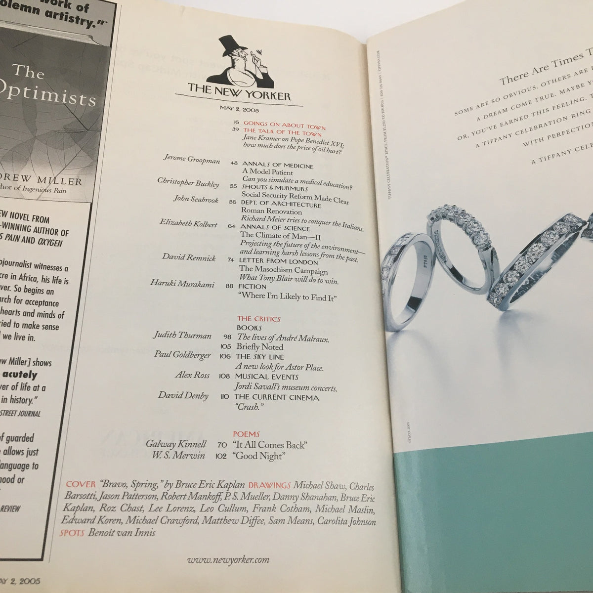 Inside spread of The New Yorker magazine, May 2, 2005, showcasing the table of contents with featured articles and elegant wedding rings, highlighting the magazine's blend of culture and art.