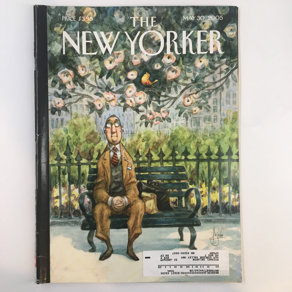 The New Yorker Full Magazine May 30 2005 cover featuring the illustration 'The Song of Spring' by Peter de Seve, depicting a man sitting on a park bench surrounded by blossoming flowers.