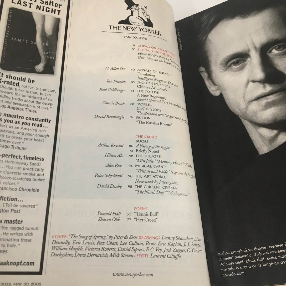 Inside page of The New Yorker Full Magazine May 30 2005, showcasing the table of contents with notable contributions including essays, reviews, and poems related to the issue's theme.