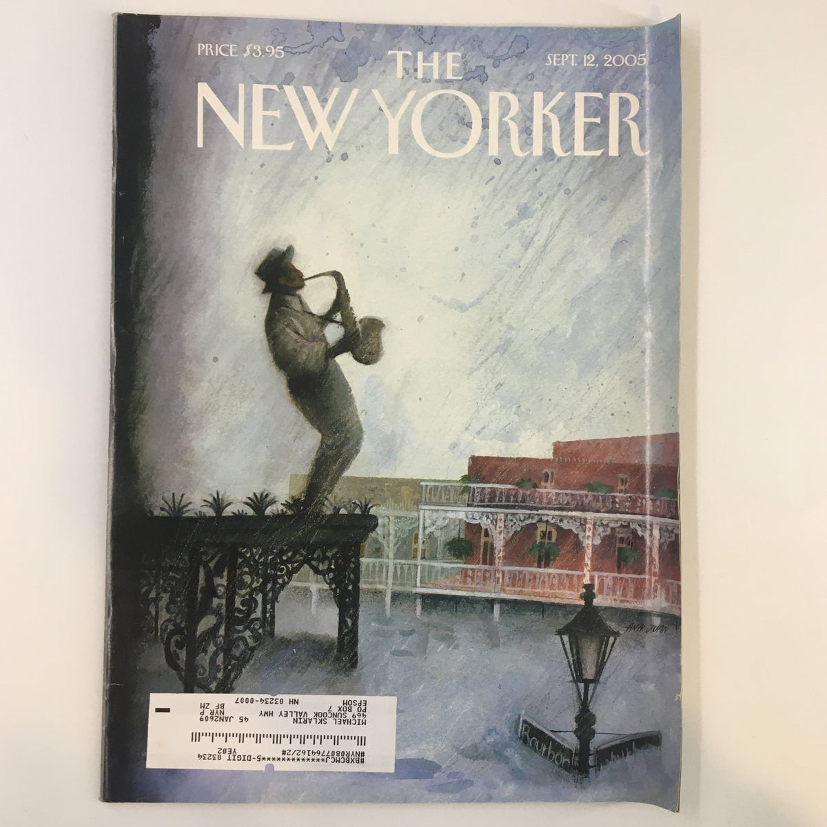 Cover of The New Yorker Full Magazine - September 12, 2005 featuring artwork 'Requiem' by Ana Juan, showcasing a musician playing saxophone with a scenic background.