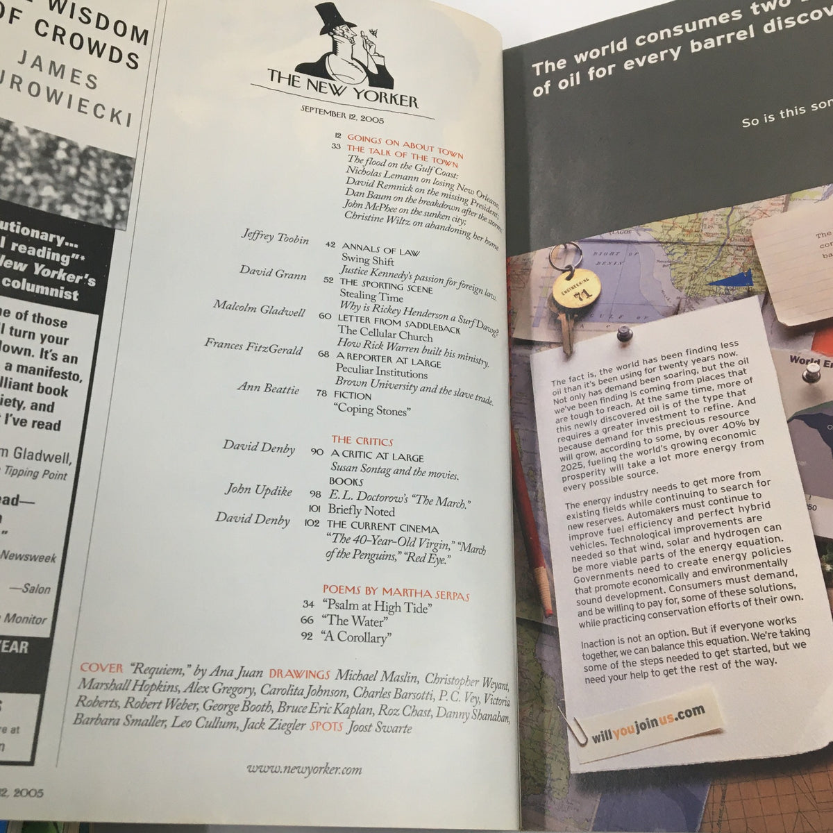 Interior page of The New Yorker Full Magazine - September 12, 2005 displaying the table of contents, highlighting articles and features in that issue.