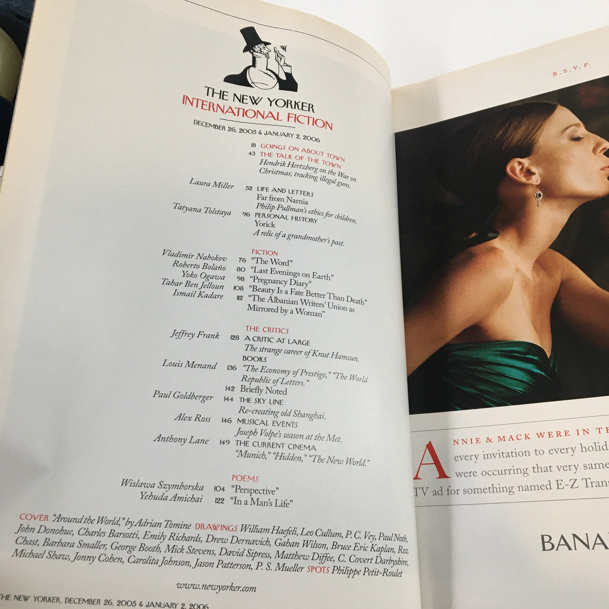 Interior page of The New Yorker Full Magazine December 26 2005 showcasing the table of contents, highlighting featured articles and illustrations from this issue.