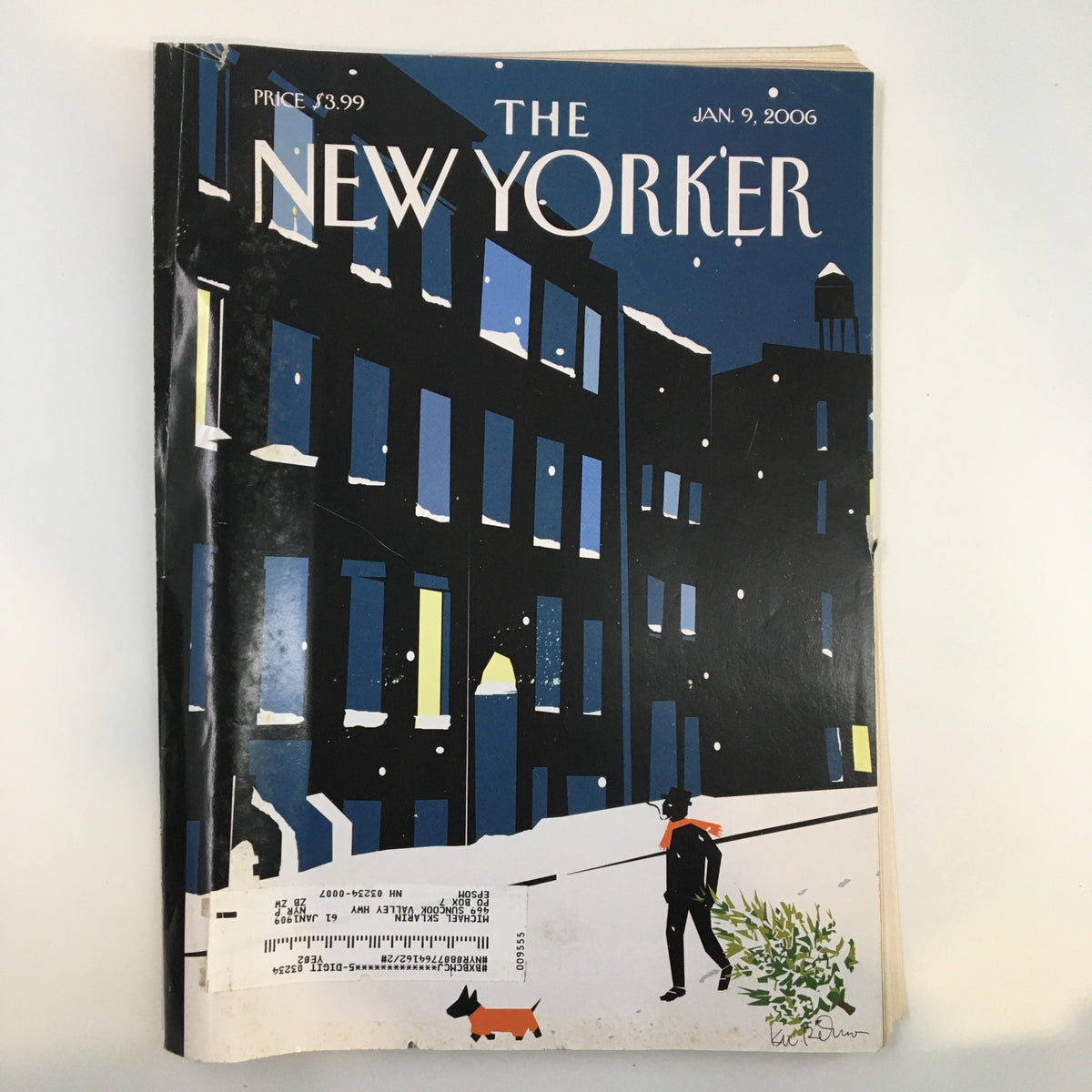 Cover of The New Yorker Magazine from January 9, 2006, featuring a winter street scene with a figure walking and a dog, published along with the article 'Out with the Old' by Kim DeMarco.
