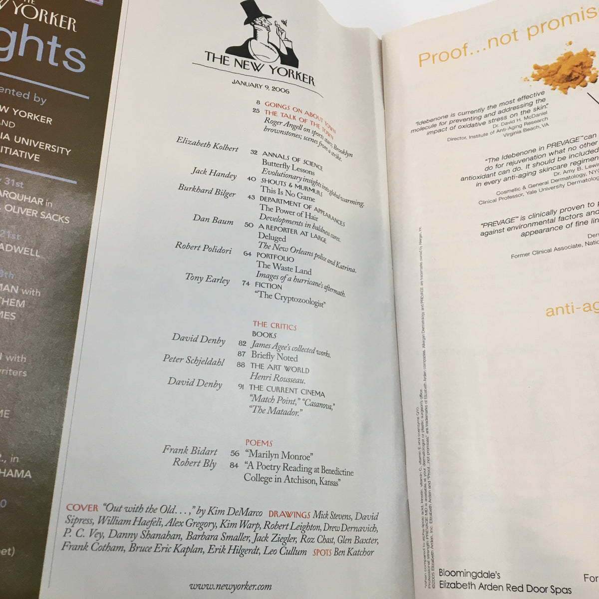 Inside page of The New Yorker Magazine January 9, 2006, featuring the table of contents with article titles including 'Out with the Old' by Kim DeMarco.