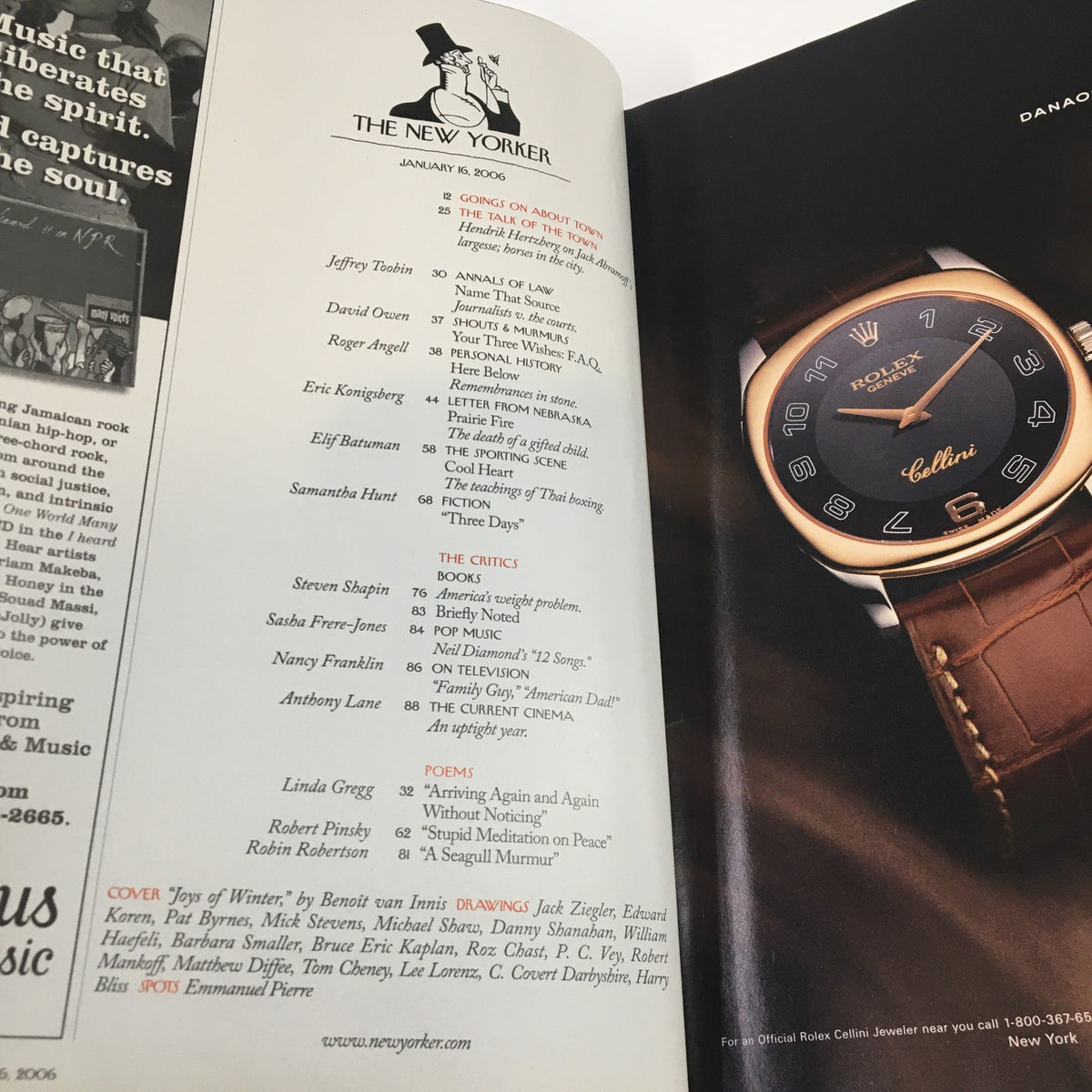 Interior page of The New Yorker Full Magazine January 16 2006 displaying the table of contents and advertisements.