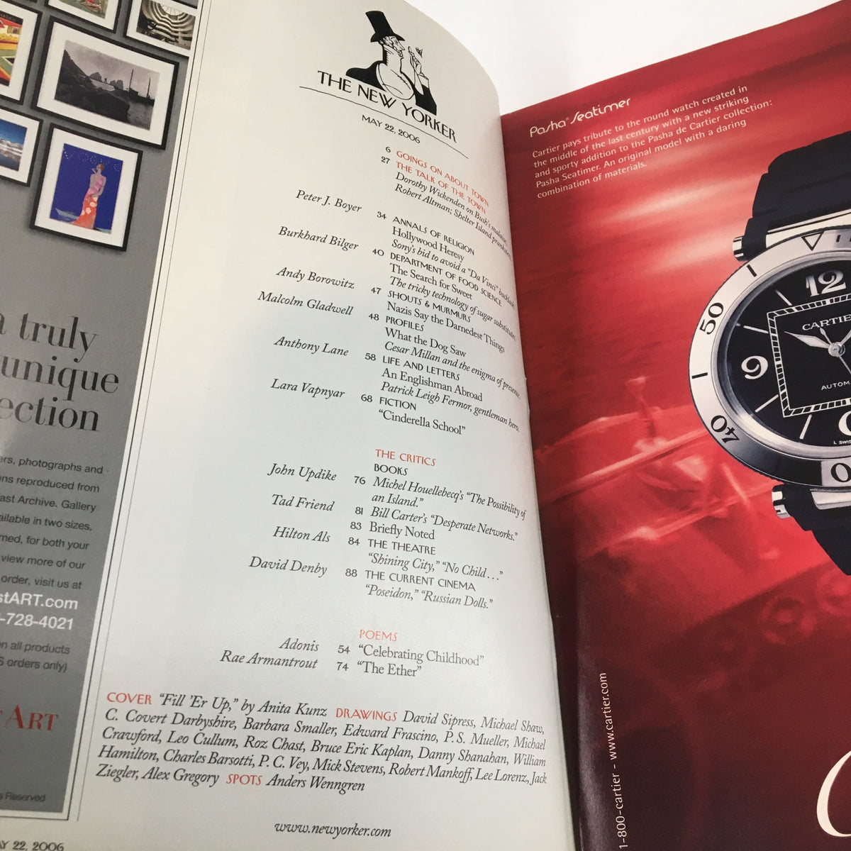 Inside pages of The New Yorker magazine, May 22, 2006, showcasing contents including articles and illustrations, with a focus on the cover art 'Fill 'Er Up' by Anita Kunz.