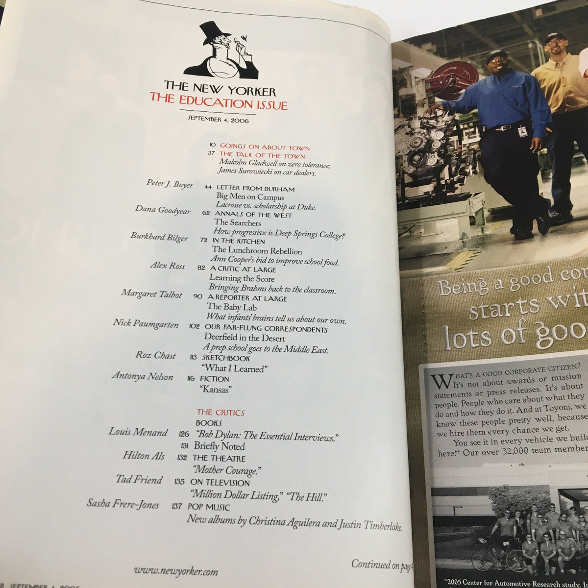 Interior page of The New Yorker Magazine September 4 2006 featuring the Education Issue's table of contents, showcasing notable contributors and articles.