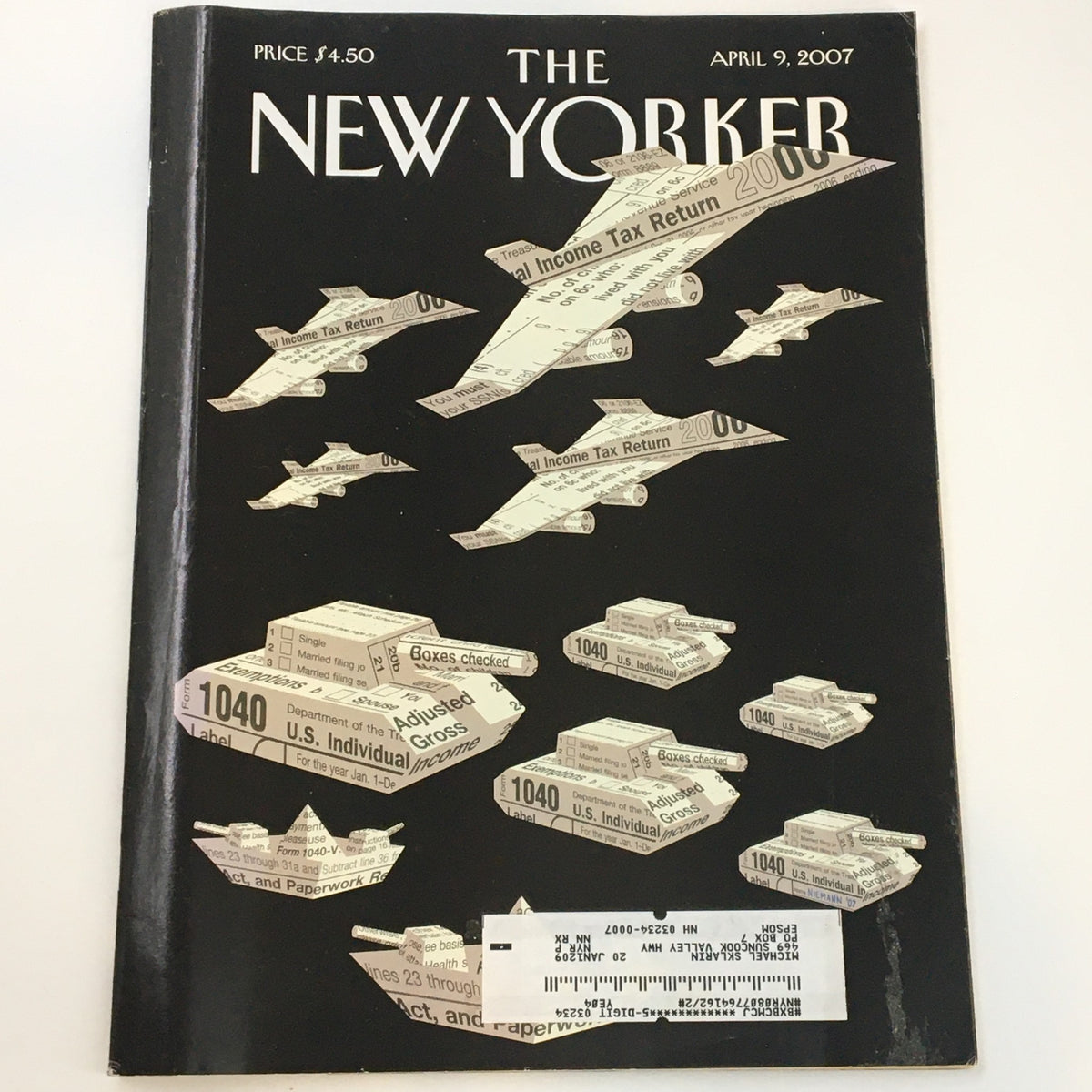 Cover of The New Yorker magazine, April 9, 2007, featuring the artwork 'T-Day' by Christoph Niemann, depicting paper airplanes made of tax documents.