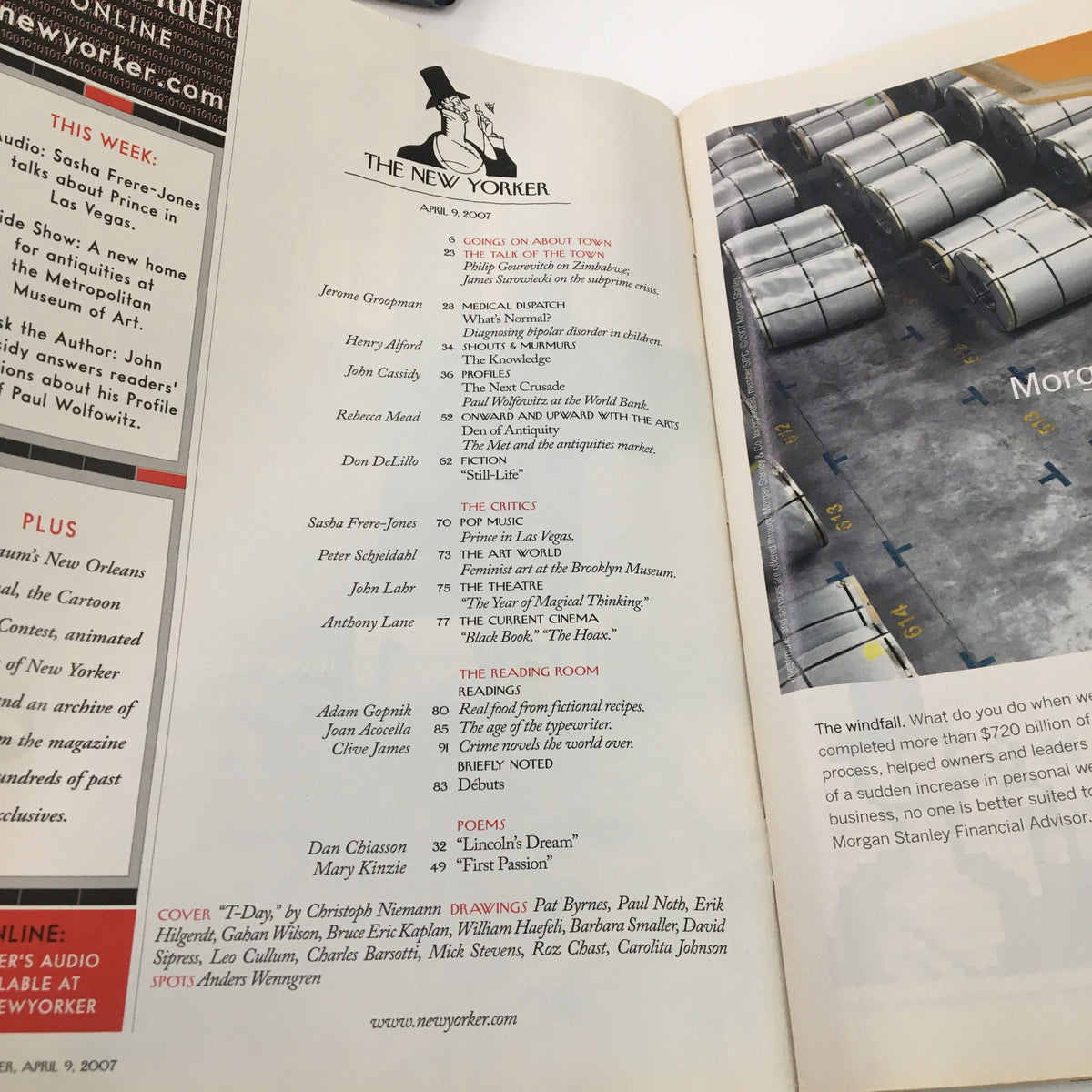 Table of contents page of The New Yorker magazine, April 9, 2007 issue, showcasing articles and contributions including 'T-Day' by Christoph Niemann.