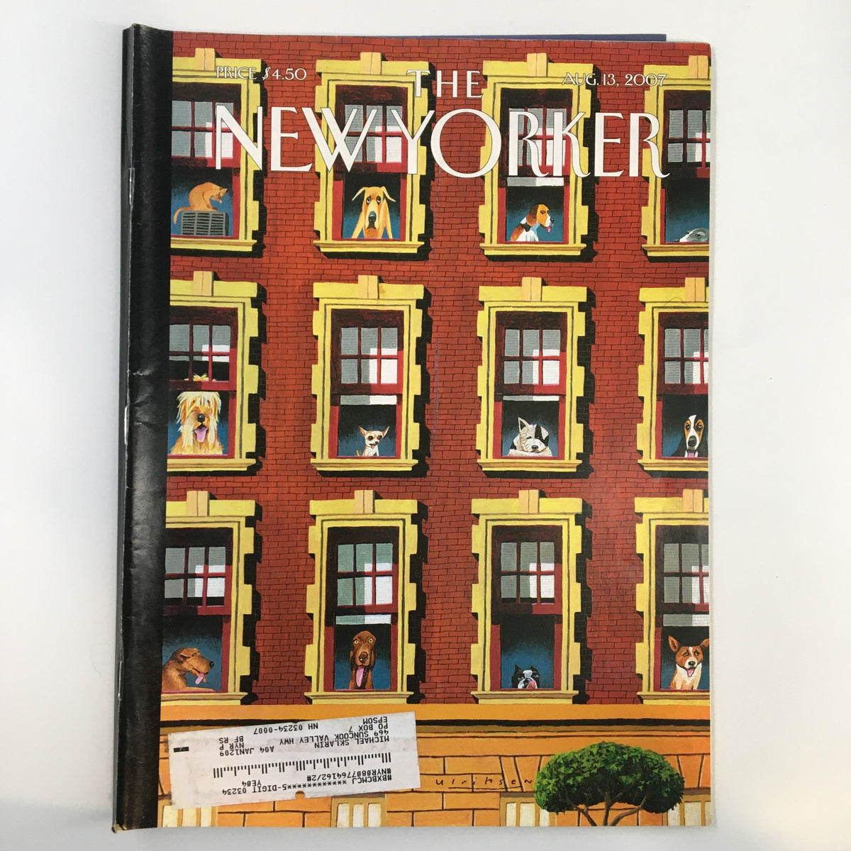 Front cover of The New Yorker magazine dated August 13, 2007, featuring a colorful illustration of dogs in apartment windows by Mark Ulriksen.