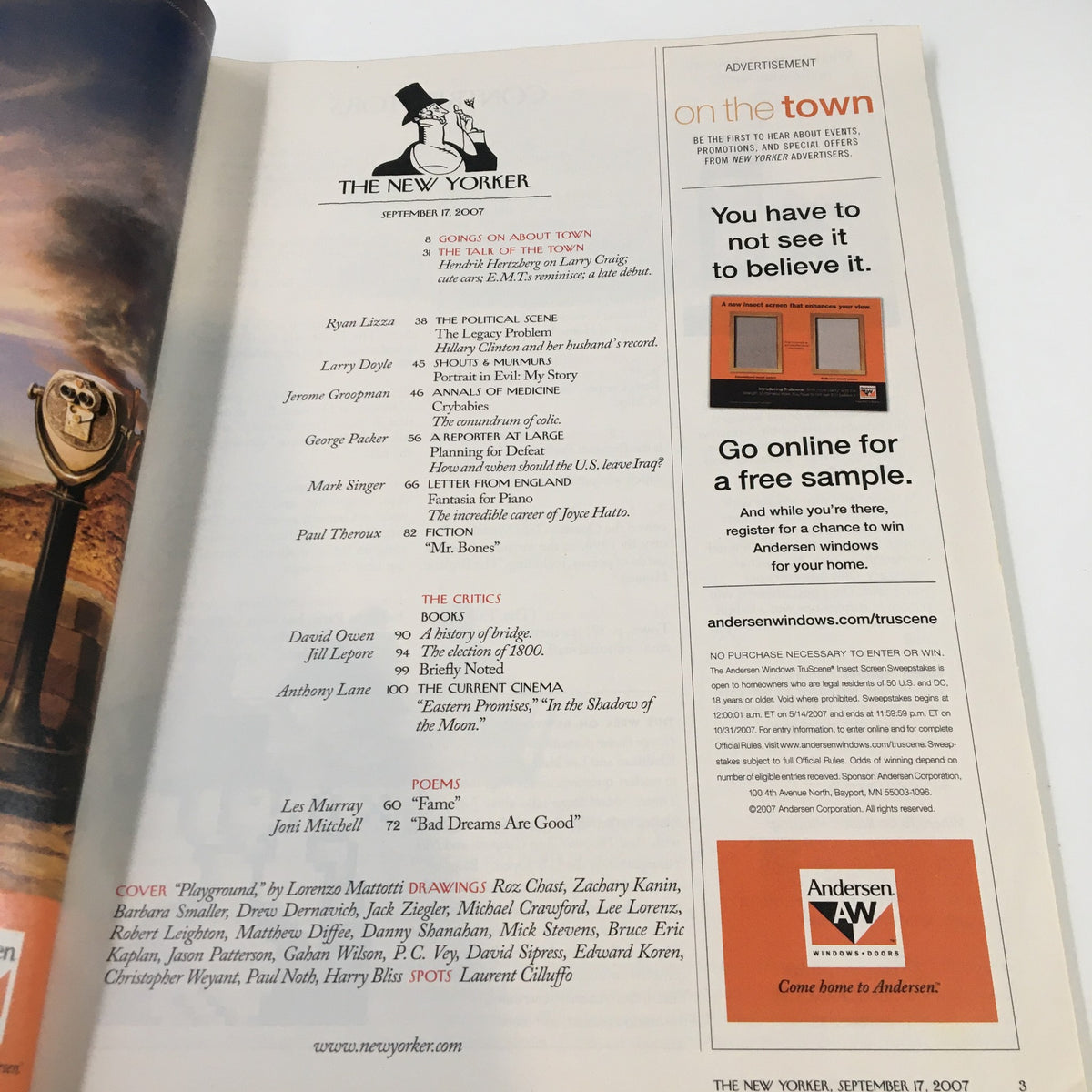 Table of contents page from The New Yorker Full Magazine September 17 2007, featuring articles, contributors, and illustrations including 'Playground' by Lorenzo Mattotti.