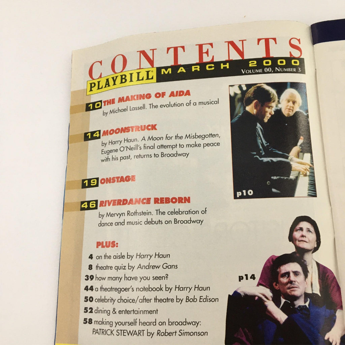 Interior contents page of the 2000 Playbill for The Moment When by Playwrights Horizons, listing various articles and features.