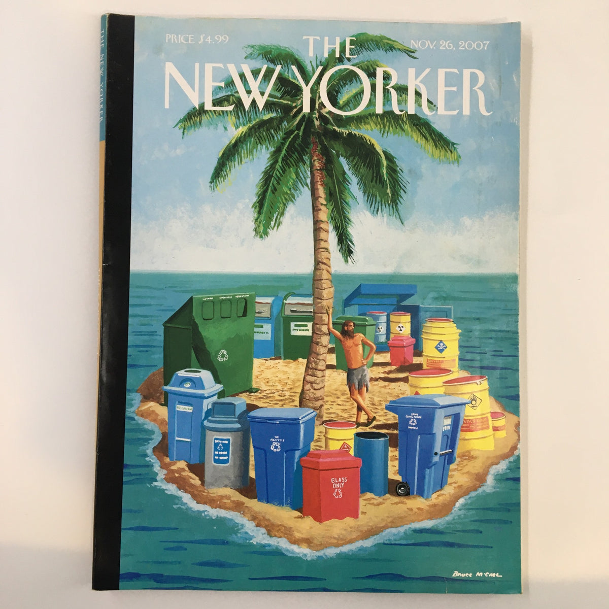Cover of The New Yorker magazine from November 26, 2007, featuring a colorful illustration by Bruce McCall depicting a tropical island scene with garbage bins, symbolizing environmental themes.