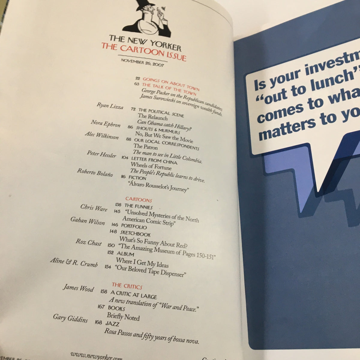 Inside page of The New Yorker magazine, November 26, 2007, showcasing the table of contents, highlighting articles and cartoons, indicating it is the cartoon issue.