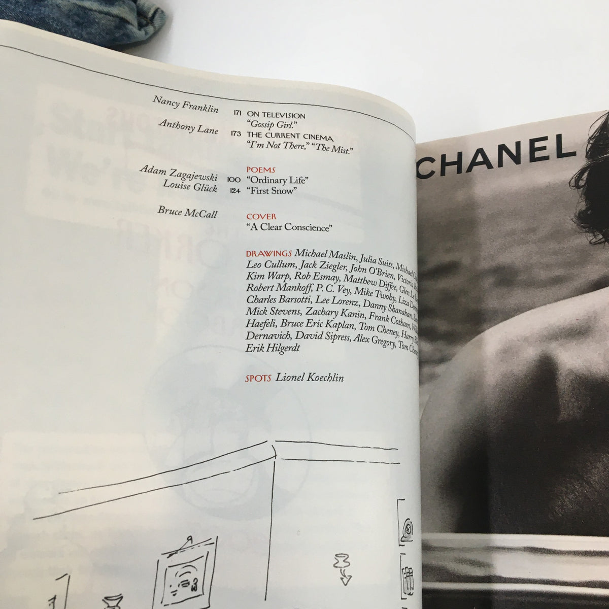 Interior page from The New Yorker magazine, November 26, 2007, displaying the contents including the article "A Clear Conscience" by Bruce McCall and other notable features.