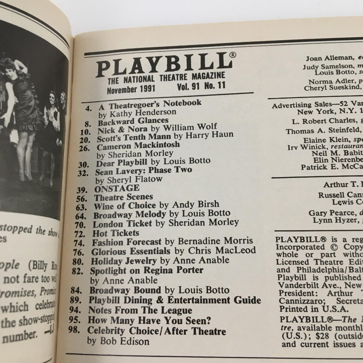 Inside page of the 1991 Playbill for 'The Good Times are Killing Me' featuring a listing of theater articles and advertisements.