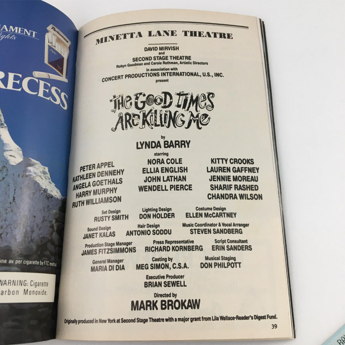Inside page of the 1991 Playbill for 'The Good Times are Killing Me' at Minetta Lane Theatre, featuring cast and production details by Lynda Barry.