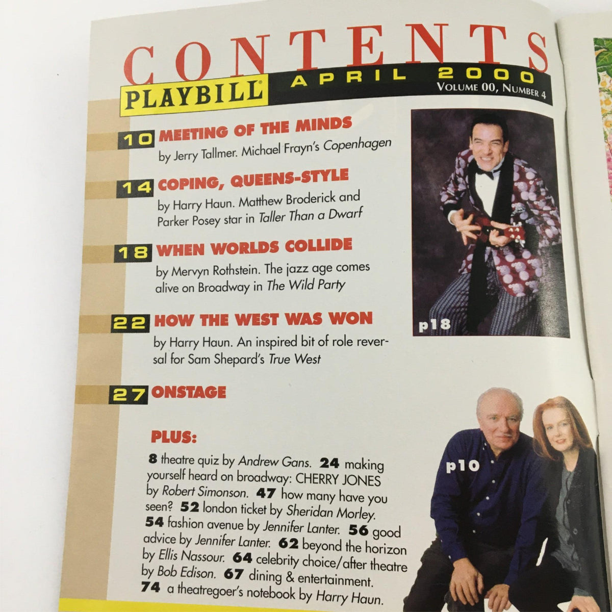 Contents page of the 2000 Playbill for 'Taller Than a Dwarf', featuring articles and sections from the April 2000 edition.