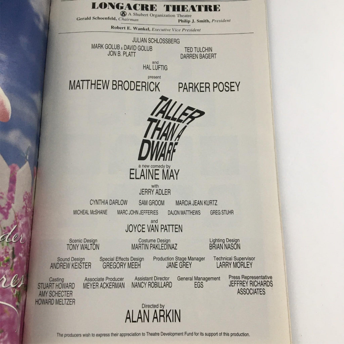 2000 Playbill for 'Taller Than a Dwarf' at Longacre Theater, showcasing cast information including Elaine May, Jerry Adler, and others, reflecting the essence of Broadway theater.