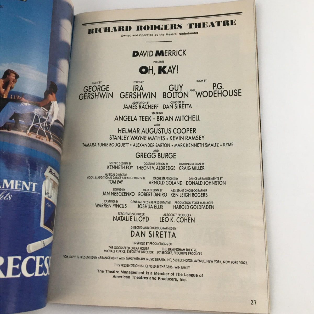 Inside page of the 1990 Playbill for Oh, Kay!, detailing production credits and contributing artists at the Richard Rodgers Theatre.
