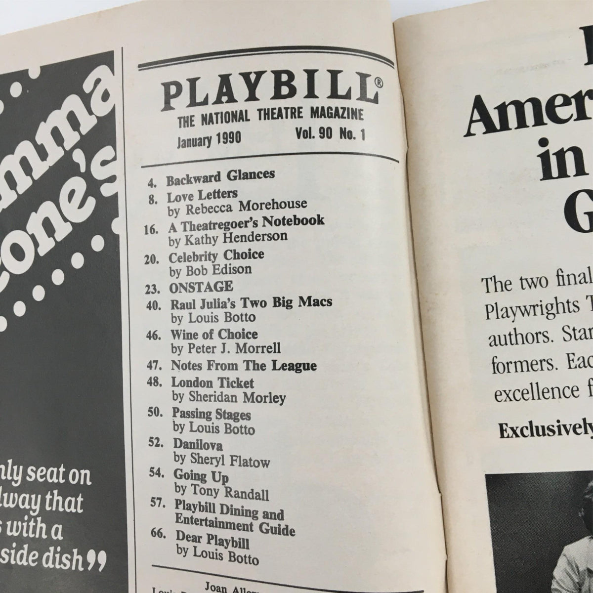Interior page of the January 1990 Playbill displaying contents and articles, part of The Art of Success by Manhattan Theatre Club.