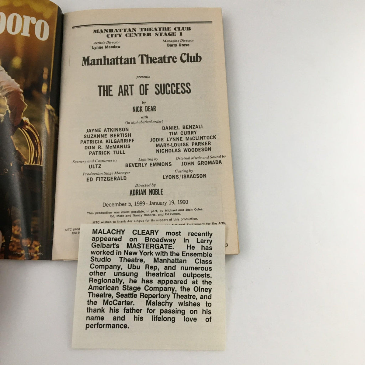 Interior page featuring The Art of Success by Nick Dear in the 1990 Playbill, along with cast and crew information.