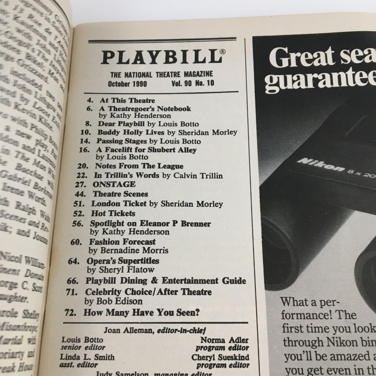 Detailed view of a page in the 1990 Playbill for The Miser listing the contents and articles featured in the edition.
