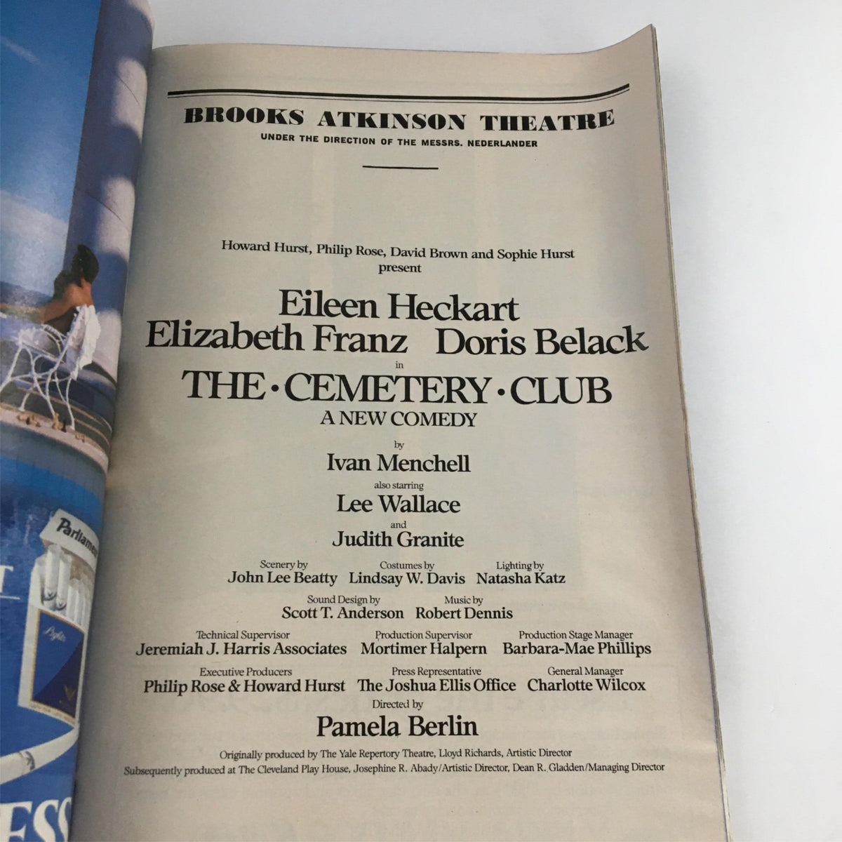 Cast and crew listing page from the 1990 Playbill for The Cemetery Club, highlighting the show's creative team and performances.