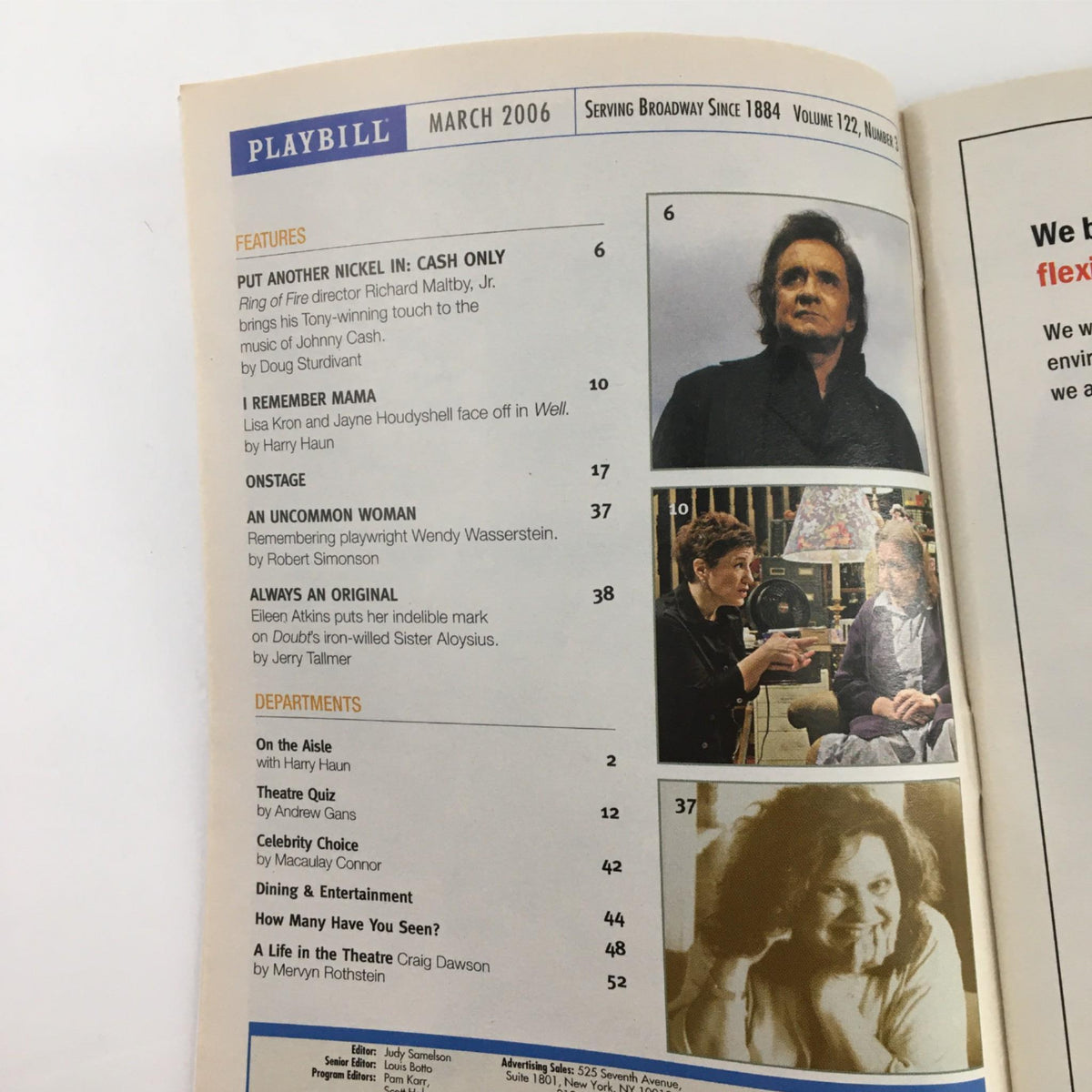 Inside page of the March 2006 Playbill for Defiance, showcasing articles and features from the publication's contents.