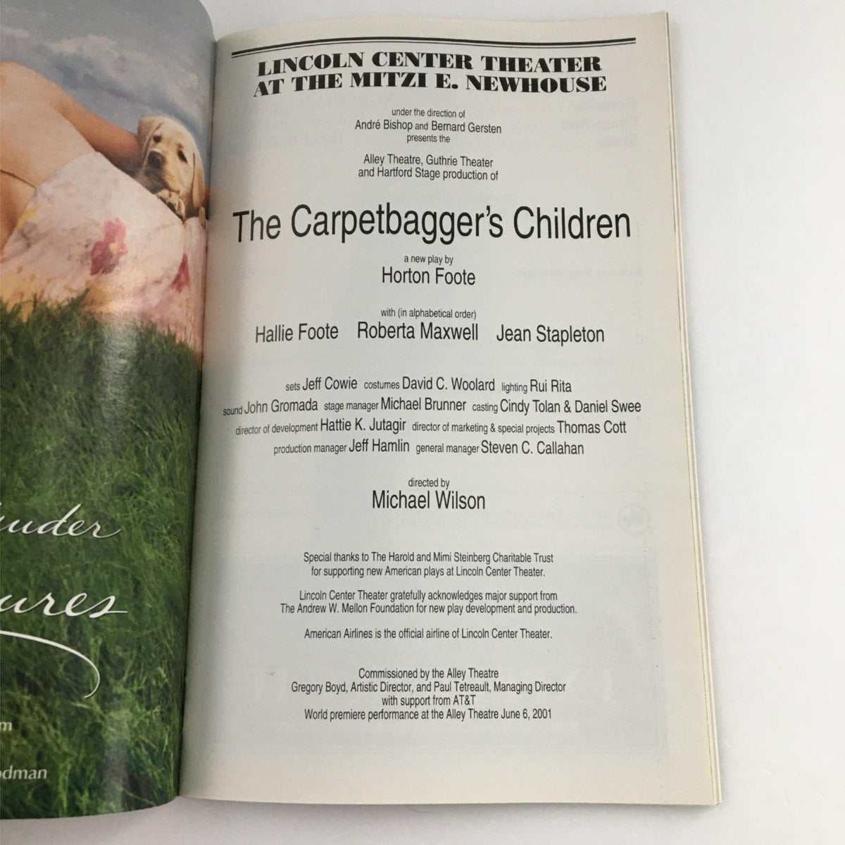 Inside page of the 2002 Playbill for The Carpetbagger's Children detailing the cast and crew, including Horton Foote, Hallie Foote, and Roberta Maxwell.