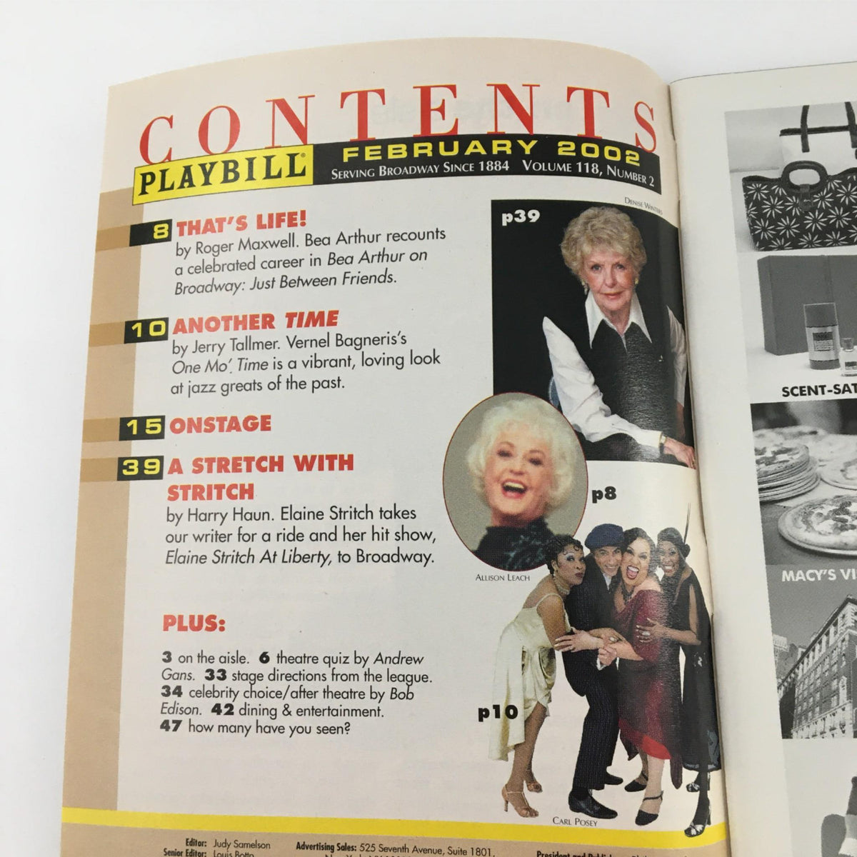 Contents page of the February 2002 Playbill for Further than the Furthest Thing, featuring articles on notable productions and artists.