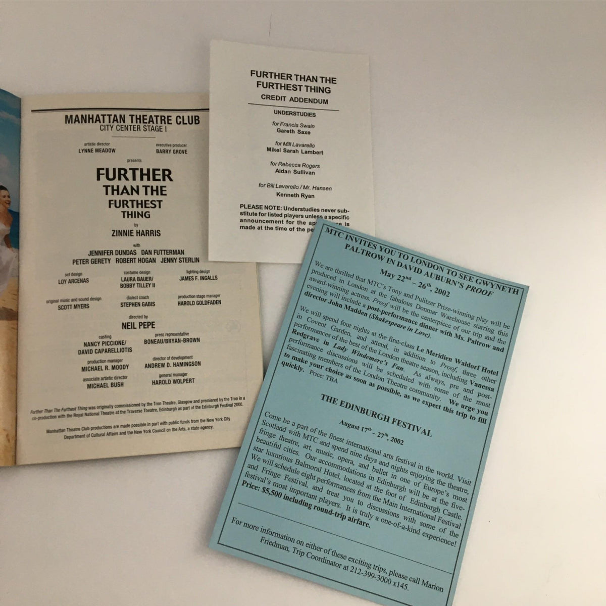 The inside spread of the 2002 Playbill for Further than the Furthest Thing by Manhattan Theatre Club, showcasing cast credits and promotional materials.