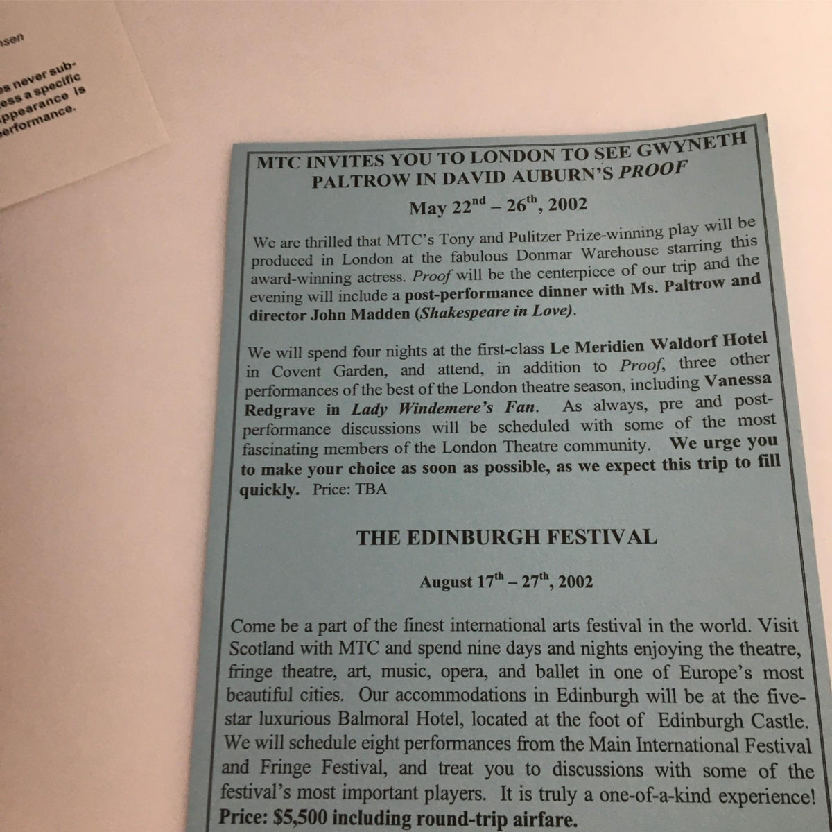 Promotional material for the Edinburgh Festival included in the 2002 Playbill for Further than the Furthest Thing, detailing events and performances.