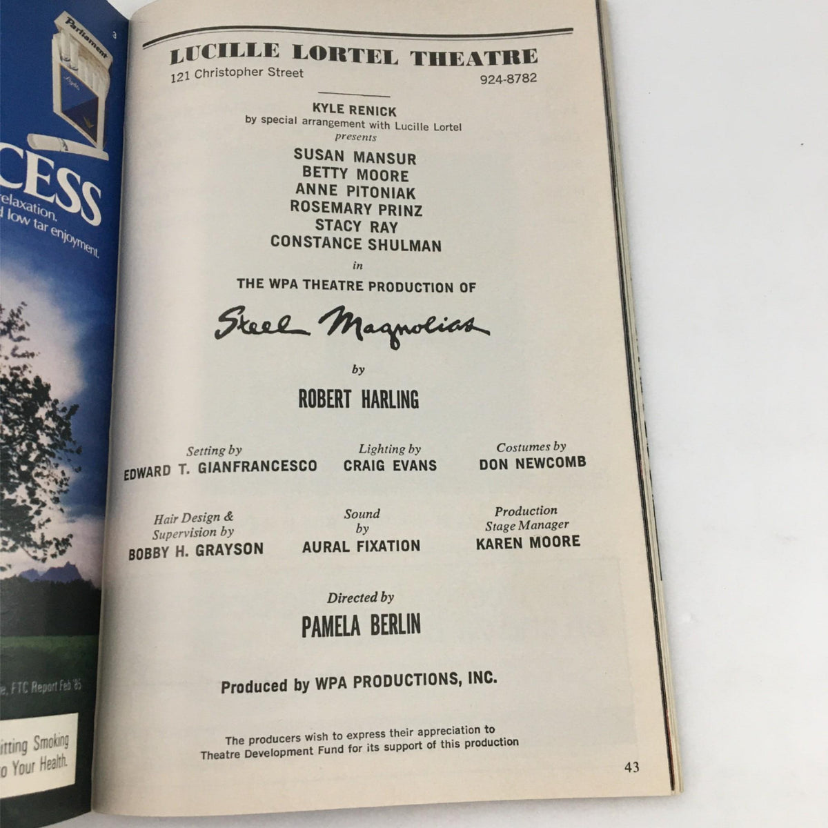 Inside page of the 1988 Playbill for 'Steel Magnolias' at Lucille Lortel Theatre, featuring the cast list and production details, directed by Pamela Berlin and produced by WPA Productions.