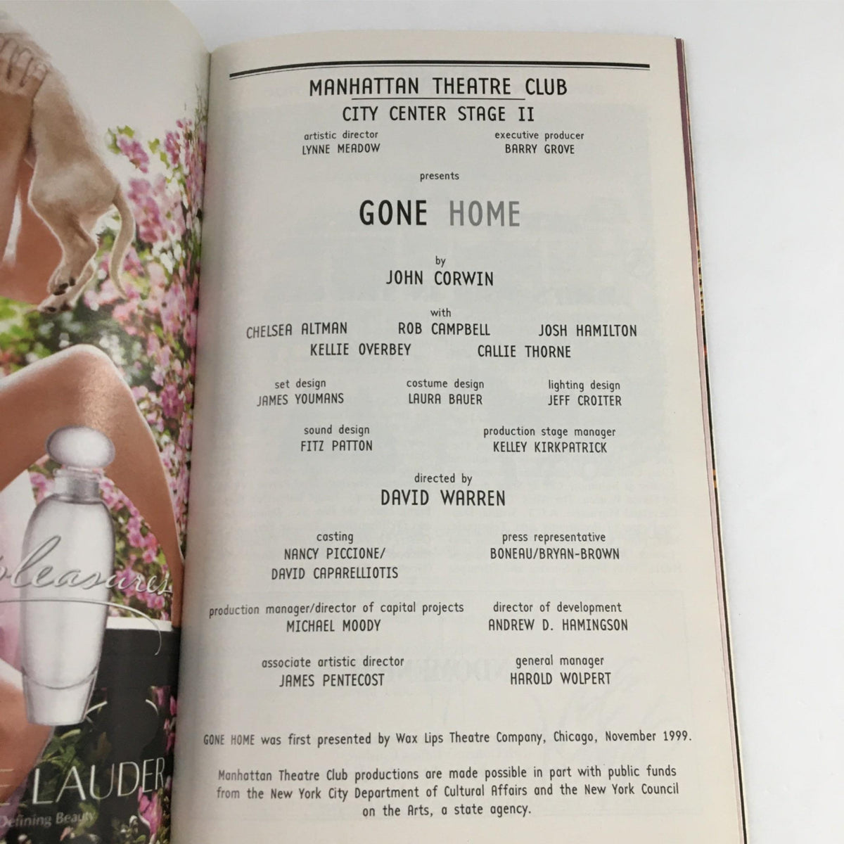 2002 Playbill for the theatrical production 'Gone Home', showcasing the cast and crew details, including directors John Corwin and David Warren, published by Lincoln Center Theater.