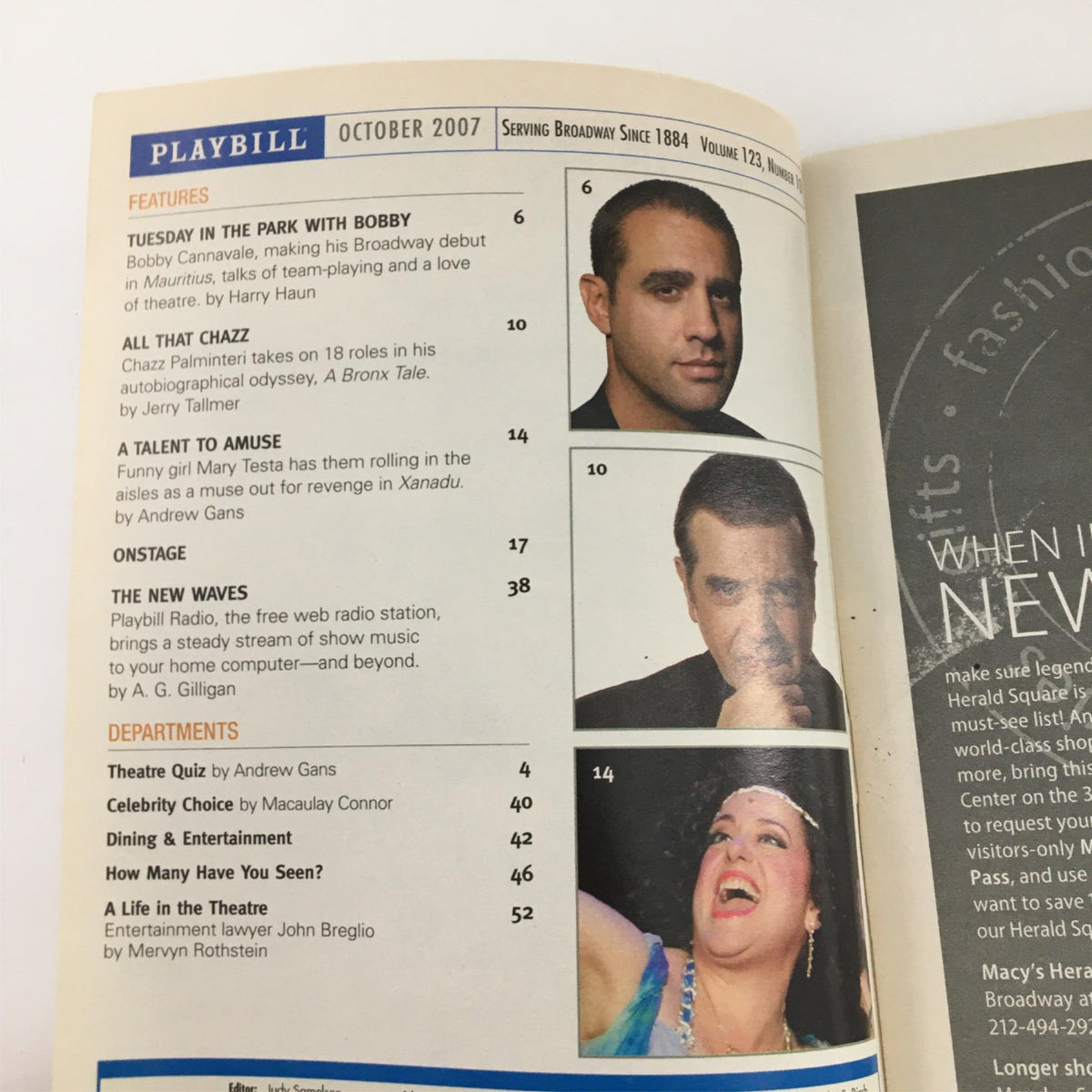 Interior page of the 2007 Playbill for The Farnsworth Invention featuring cast listings and theater details.