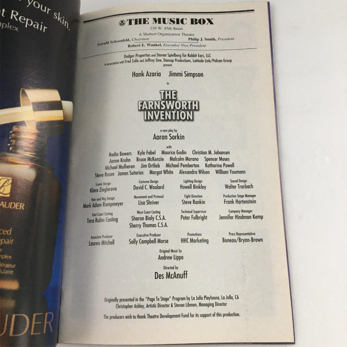 Advertisement page from the 2007 Playbill for The Farnsworth Invention by Aaron Sorkin at The Music Box Theatre.